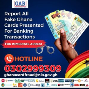 NIA Ghana Card specimen, Ghana Association of Banks logo, Non-Citizen Identity Card sample, NIA chases illegal holders
